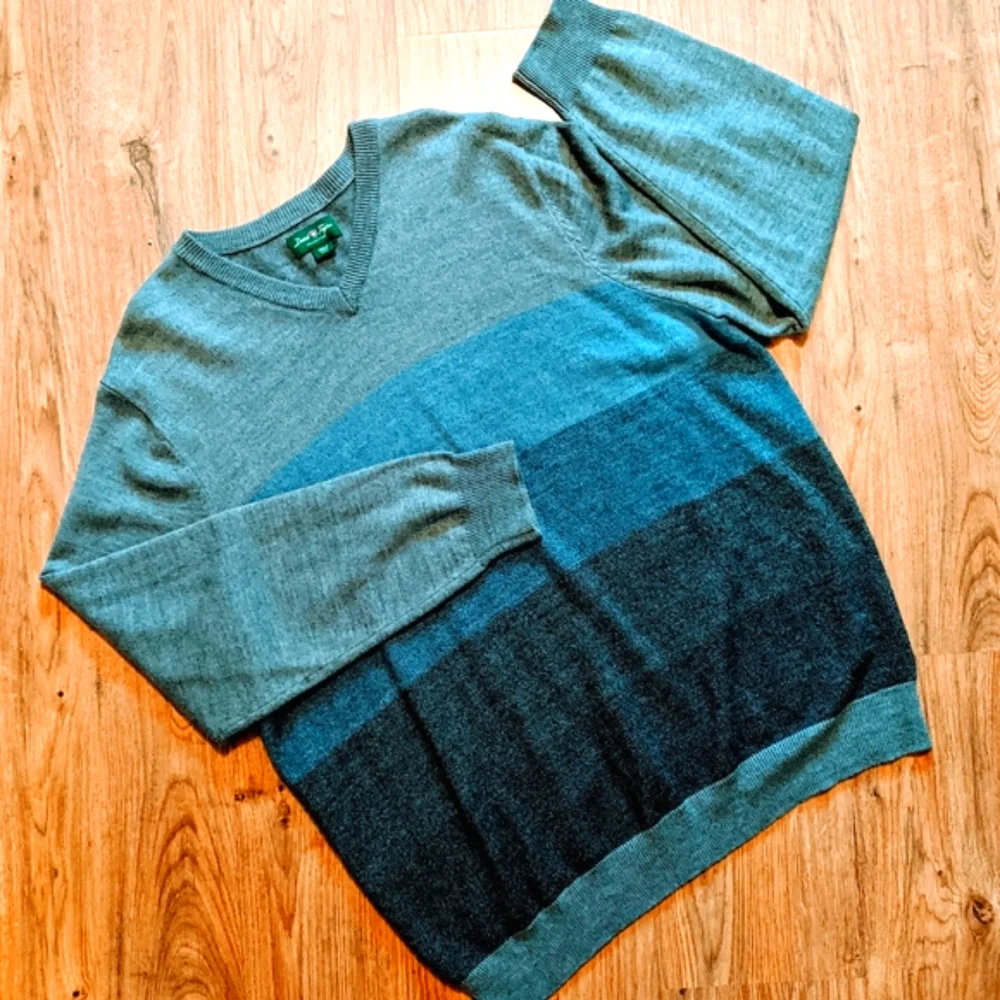 David Taylor Men's V-neck Lightweight Sweater Color Block Stripe Blues Gray XL